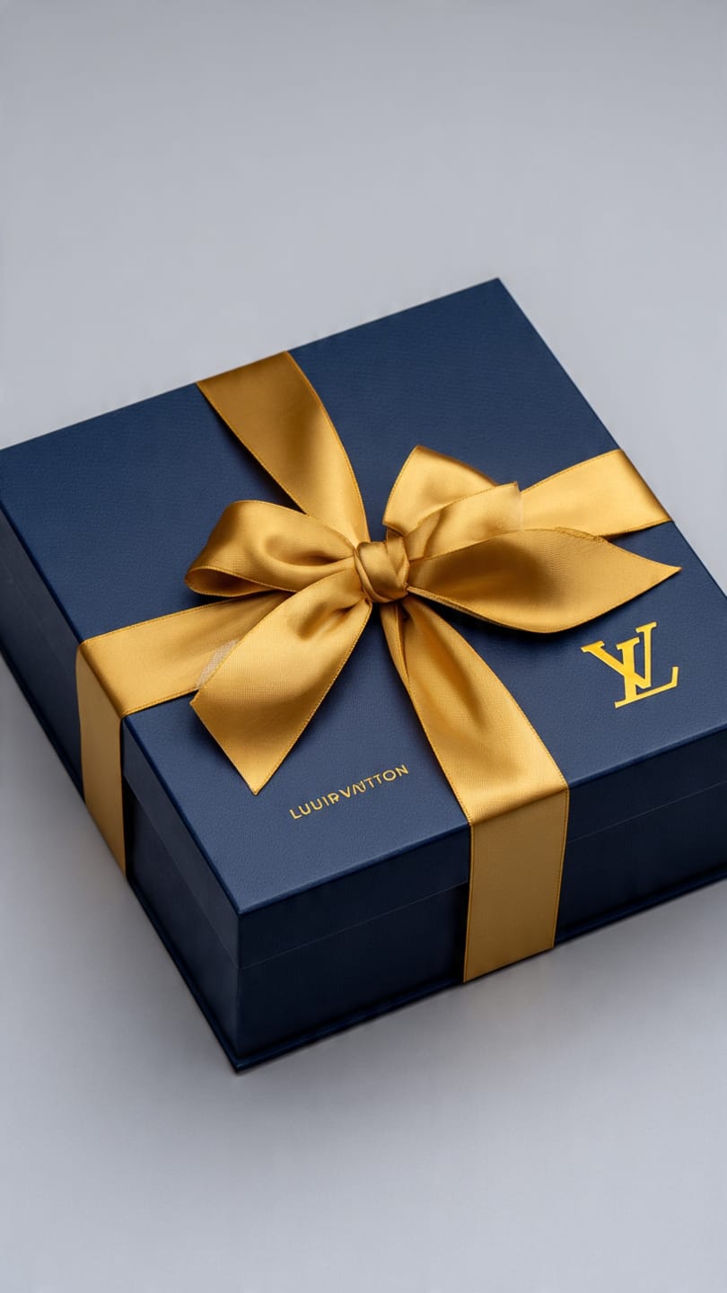 Livin' navy gift box tied with a gold satin bow